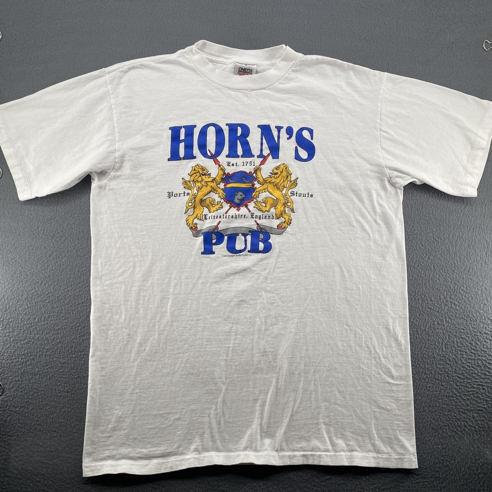 Vintage Horn's Pub Shirt Mens 2XL White Bar Beer England Graphic Oneita 1991 90s